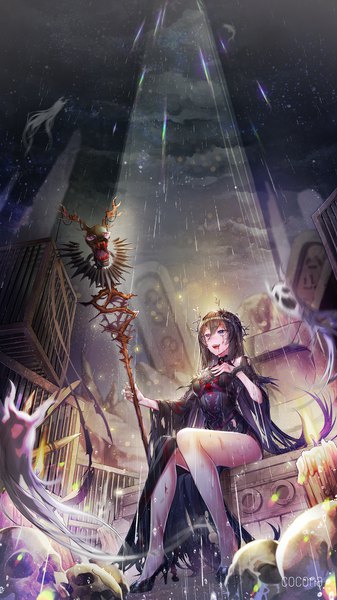 Anime picture 1420x2527 with dungeon and fighter milcona single long hair tall image fringe open mouth black hair hair between eyes sitting purple eyes signed looking away cloud (clouds) full body outdoors high heels torn clothes hand on chest light