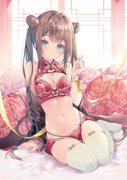 Anime picture 1357x1920 with original miwabe sakura single long hair tall image looking at viewer blush fringe breasts blue eyes light erotic brown hair sitting bare shoulders cleavage multicolored hair scan off shoulder arm support open jacket