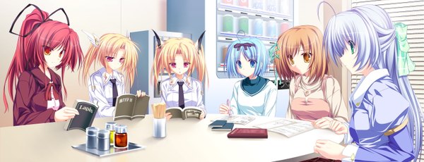 Anime picture 3120x1200 with magus tale whirlpool (studio) kujou yuuka nina geminis alicia infans rena geminis seera finis victoria amagase koyuki tenmaso long hair highres short hair open mouth blue eyes blonde hair smile red eyes brown hair wide image twintails