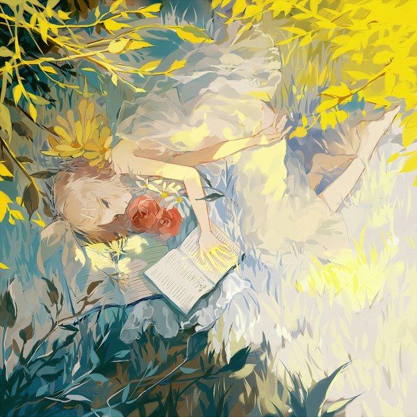 Anime picture 1653x1653 with vocaloid kagamine rin yexie single short hair blue eyes blonde hair bare shoulders looking away bent knee (knees) lying barefoot from above sunlight bare legs no shoes partially submerged afloat girl dress