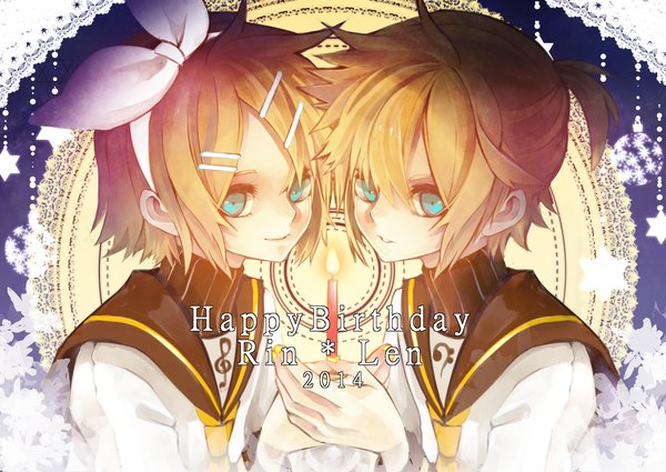 Anime picture 2039x1447 with vocaloid kagamine rin kagamine len ironaki fringe highres short hair simple background blonde hair hair between eyes holding upper body ponytail nail polish parted lips aqua eyes light smile character names dated face to face