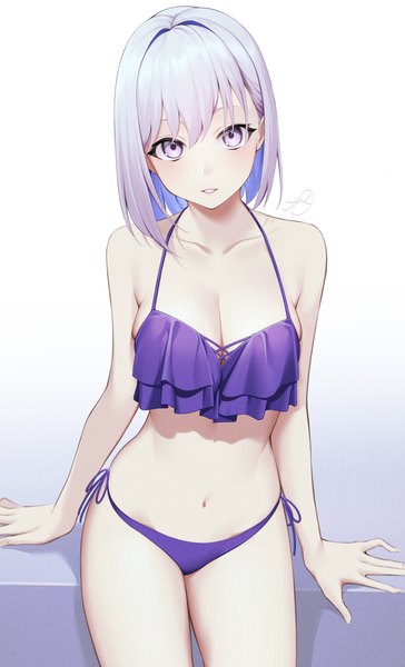 Anime picture 2480x4093 with original kuen (kuennn12) single tall image looking at viewer blush fringe highres short hair breasts light erotic simple background hair between eyes large breasts standing white background purple eyes signed silver hair parted lips