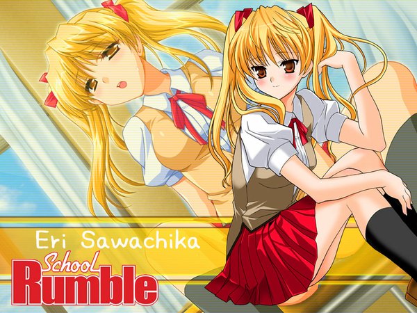 Anime picture 1024x768 with school rumble sawachika eri long hair light erotic blonde hair twintails orange hair wallpaper uniform school uniform