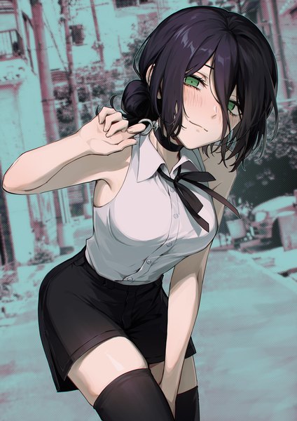 Anime picture 2480x3508 with chainsaw man mappa reze (chainsaw man) nanin single long hair tall image blush fringe highres breasts black hair smile hair between eyes large breasts standing bare shoulders green eyes outdoors head tilt
