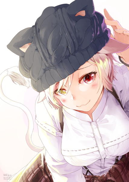 Anime picture 968x1360 with final fantasy final fantasy xiv square enix miqo'te lili mdoki single tall image looking at viewer blush fringe short hair breasts simple background hair between eyes red eyes white background signed yellow eyes head tilt heterochromia