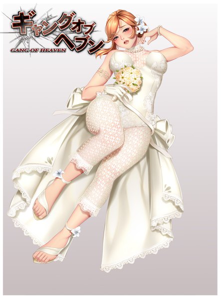 Anime picture 887x1200 with gang of heaven masami chie single long hair tall image looking at viewer blush breasts light erotic brown hair brown eyes hair flower girl dress gloves flower (flowers) white gloves white dress bouquet wedding dress