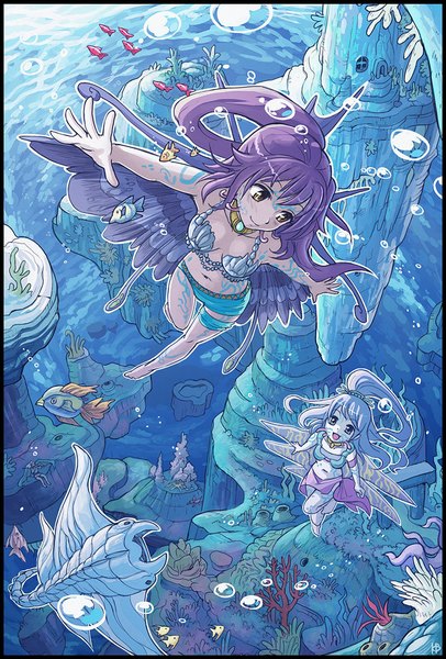 Anime picture 779x1150 with felarya karbo long hair tall image blush blue eyes smile multiple girls yellow eyes blue hair purple hair tattoo underwater girl navel 2 girls