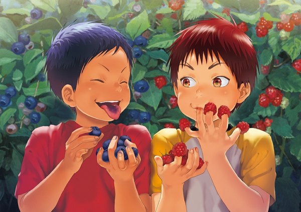 Anime picture 1000x707 with kuroko no basket production i.g aomine daiki kagami taiga okada zari (pixiv id 3651167) short hair open mouth smile red eyes holding blue hair red hair eyes closed multiple boys happy licking boy plant (plants) food tongue