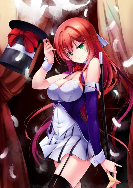 Anime picture 1240x1754 with original kod0415 single tall image looking at viewer blush breasts light erotic smile large breasts holding green eyes cleavage purple hair red hair head tilt pleated skirt multicolored hair light smile cleavage cutout