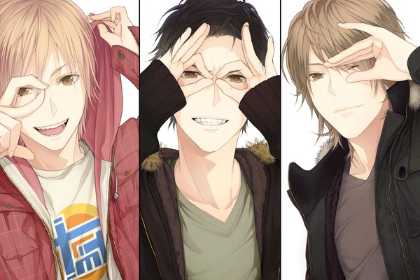 Anime picture 1200x800 with original chimachi looking at viewer short hair open mouth black hair simple background blonde hair smile brown hair white background brown eyes one eye closed light smile wink multiple boys multiview column lineup boy jacket