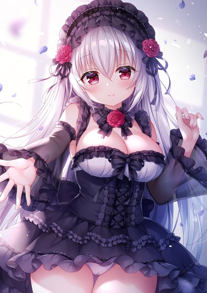Anime picture 600x847 with original mitsuba choco single long hair tall image looking at viewer blush fringe breasts light erotic smile hair between eyes red eyes large breasts standing cleavage silver hair nail polish hair flower fingernails
