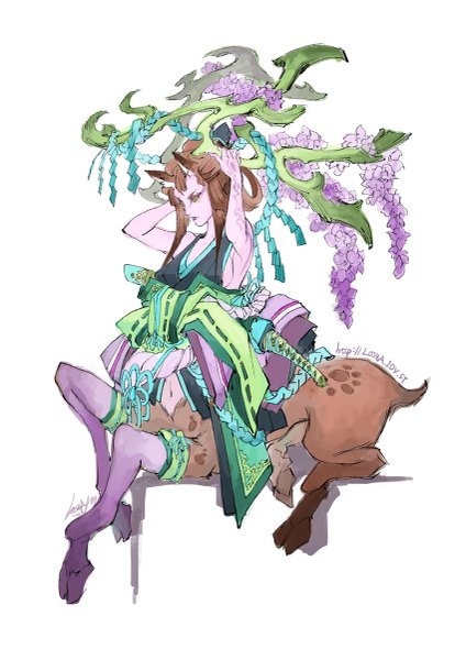 Anime picture 849x1200 with loiza single long hair tall image simple background brown hair white background green eyes signed animal ears tattoo monster girl dryad girl navel flower (flowers) wisteria