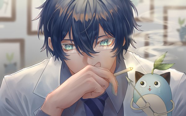 Anime picture 4800x3000 with virtual youtuber nijisanji leos vincent mameneko (leos vincent) gfpebs single fringe highres short hair blue eyes hair between eyes blue hair looking away absurdres upper body smoke covered mouth boy glasses cigarette