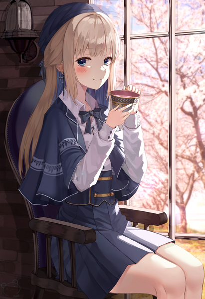Anime picture 822x1200 with original ruda (ruda e) single long hair tall image looking at viewer blush fringe blue eyes blonde hair smile sitting holding payot indoors blunt bangs long sleeves pleated skirt blurry cherry blossoms