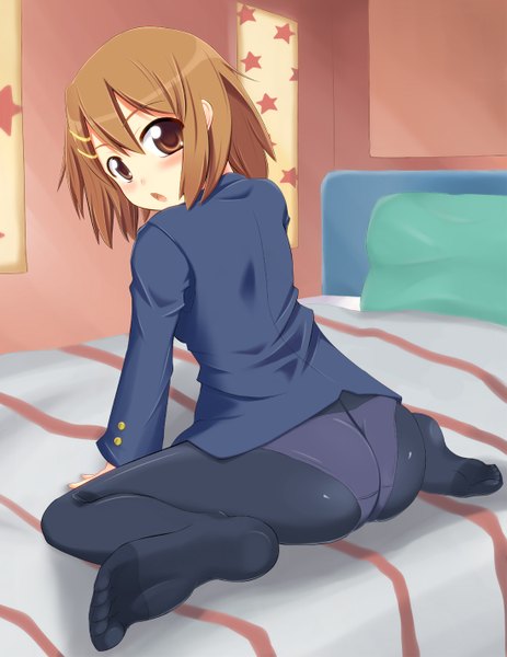 Anime picture 1100x1424 with k-on! kyoto animation hirasawa yui towamin (artist) tall image blush short hair open mouth light erotic brown hair sitting brown eyes ass looking back barefoot legs girl uniform underwear panties