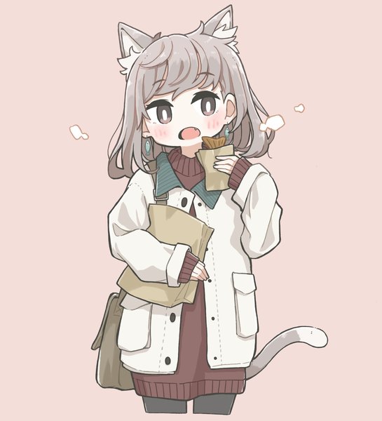 Anime-Bild 1861x2048 mit original east sha2 single tall image looking at viewer fringe highres short hair simple background brown eyes animal ears tail long sleeves animal tail grey hair cat ears open jacket cat girl cat tail fang (fangs)