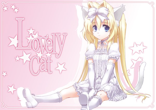 Anime picture 1980x1400 with original byeontae jagga single long hair looking at viewer fringe highres blue eyes blonde hair smile hair between eyes sitting animal ears tail animal tail cat ears cat girl cat tail text soles