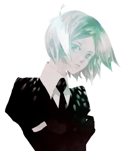 Anime picture 800x898 with houseki no kuni phosphophyllite hourouzanmai single tall image looking at viewer short hair simple background white background upper body aqua eyes aqua hair androgynous gloves uniform black gloves necktie elbow gloves