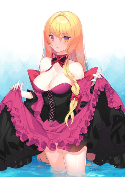 Anime picture 800x1132 with touhou yakumo yukari roh nam kyung single long hair tall image looking at viewer blush fringe breasts light erotic blonde hair hair between eyes large breasts standing bare shoulders yellow eyes cleavage sparkle partially submerged