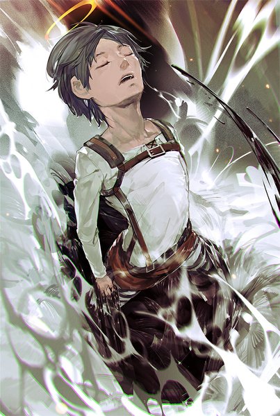 Anime picture 672x1000 with shingeki no kyojin production i.g eren yaeger el-zheng single tall image short hair open mouth brown hair eyes closed from above teeth muscle steam boy uniform pants halo military uniform suspenders