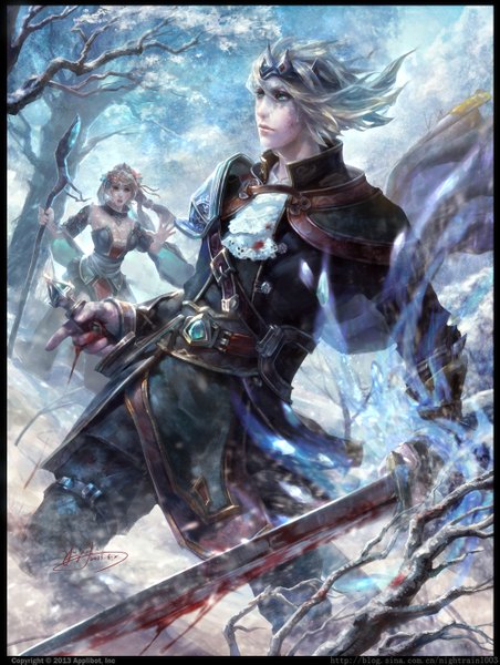 Anime picture 1000x1325 with legend of the cryptids yu-han long hair tall image short hair open mouth blue eyes blonde hair silver hair lips winter bare tree girl boy hair ornament weapon plant (plants) sword tree (trees) belt