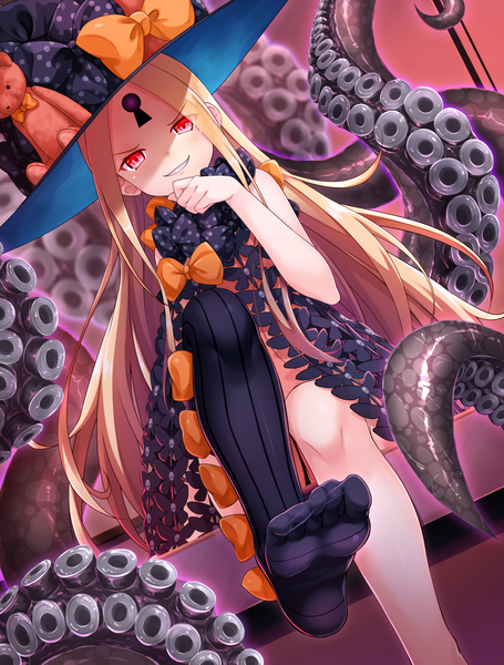 Anime picture 1516x2000 with fate (series) fate/grand order abigail williams (fate) kasaran single long hair tall image looking at viewer blush light erotic blonde hair smile red eyes sitting payot bent knee (knees) indoors parted lips arm support dutch angle
