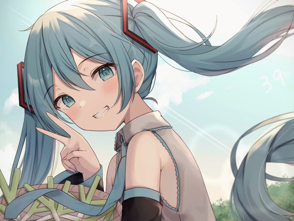 Anime picture 3803x2851 with vocaloid hatsune miku amai melo single long hair looking at viewer fringe highres smile hair between eyes twintails absurdres upper body outdoors aqua eyes aqua hair grin victory girl detached sleeves