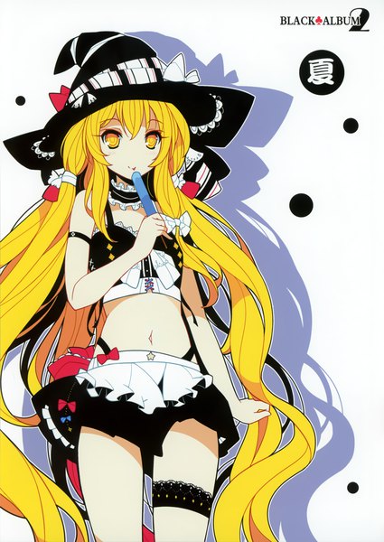 Anime picture 2856x4033 with touhou kirisame marisa ideolo single long hair tall image looking at viewer fringe highres simple background blonde hair yellow eyes very long hair scan shadow midriff :p outline adapted costume girl