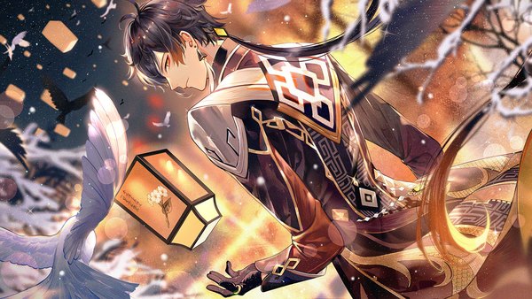 Anime picture 1511x850 with genshin impact zhongli (genshin impact) qing single long hair looking at viewer black hair wide image yellow eyes upper body outdoors profile looking back low ponytail boy gloves earrings animal black gloves bird (birds)