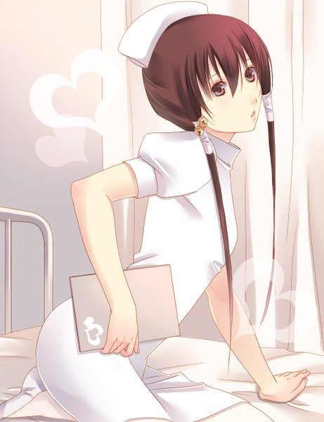 Anime picture 1000x1300 with getbackers studio deen fuuchouin kazuki hirai chika single long hair tall image looking at viewer blush open mouth brown hair sitting twintails brown eyes flat chest otoko no ko nurse boy bed bell