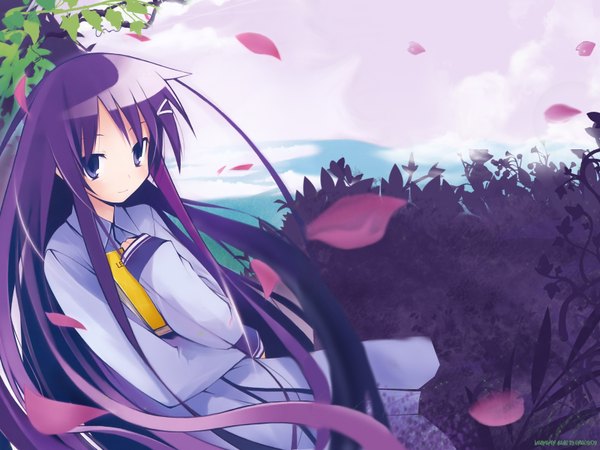 Anime picture 1600x1200 with hanbun no tsuki ga noboru sora akiba rika yamamoto keiji single long hair looking at viewer blue eyes purple hair third-party edit extended girl hair ornament bobby pin