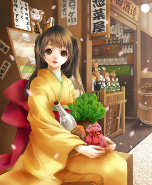 Anime picture 992x1212 with original yuzu 5101 single long hair tall image looking at viewer brown hair sitting brown eyes traditional clothes japanese clothes girl petals kimono bottle kinchaku