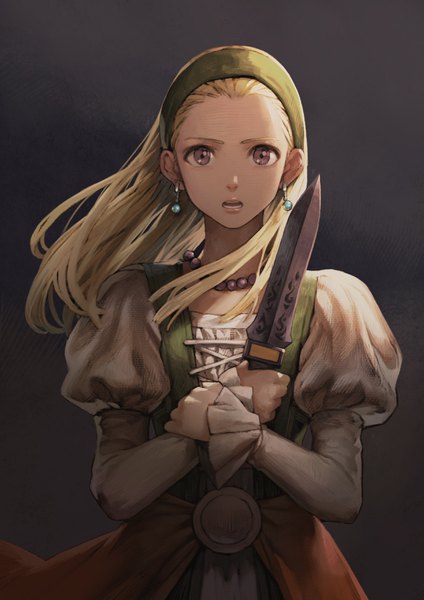 Anime picture 2480x3508 with dragon quest dragon quest xi senya (dq11) jun (seojh1029) single long hair tall image looking at viewer highres open mouth simple background blonde hair standing holding brown eyes upper body teeth puffy sleeves gradient background floating hair