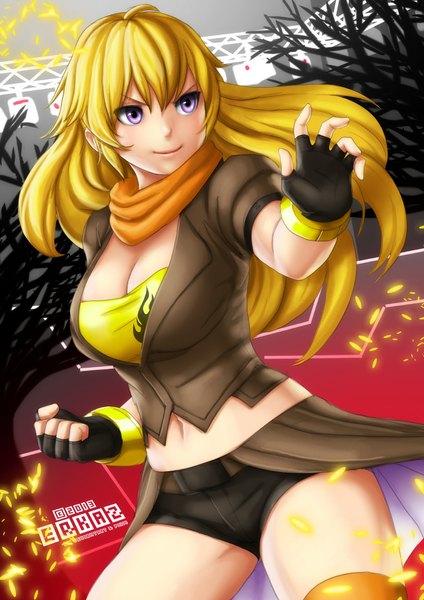 Anime picture 800x1131 with rwby rooster teeth yang xiao long erkaz single long hair tall image blonde hair smile pink eyes girl gloves navel shorts scarf fingerless gloves short shorts fist