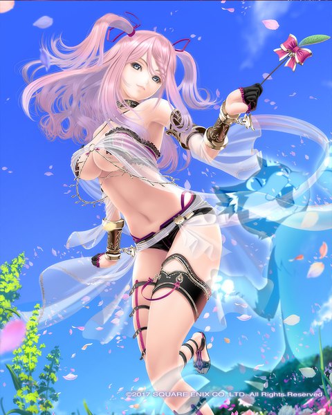 Anime picture 800x1000 with venus rumble freja sumomo kpa single long hair tall image looking at viewer breasts blue eyes light erotic large breasts bare shoulders pink hair sky official art two side up underboob girl navel flower (flowers)