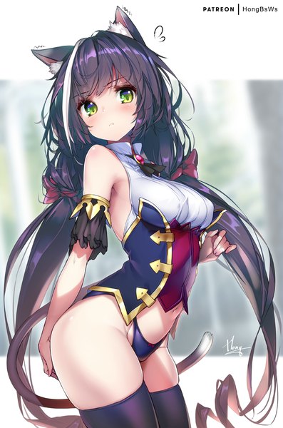 Anime-Bild 662x1000 mit princess connect! re:dive princess connect! karyl (princess connect!) hong (white spider) single tall image looking at viewer blush fringe breasts light erotic black hair standing twintails bare shoulders green eyes signed animal ears payot tail