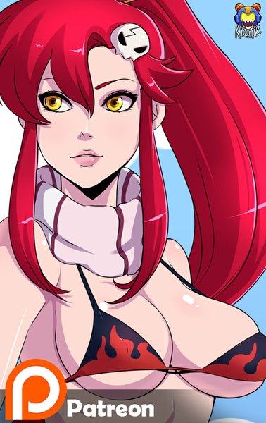 Anime picture 567x900 with tengen toppa gurren lagann gainax yoko littner kyoffie12 single long hair tall image fringe breasts light erotic simple background large breasts yellow eyes looking away red hair lips blue background girl hair ornament hairclip