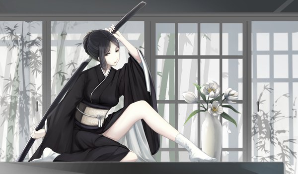 Anime picture 2000x1173 with original kikivi single highres short hair black hair wide image full body indoors traditional clothes japanese clothes grey eyes hair bun (hair buns) unsheathing girl flower (flowers) weapon plant (plants) sword socks