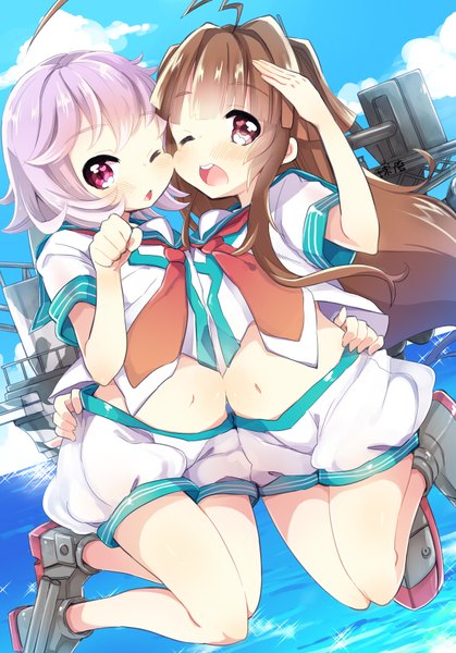 Anime picture 629x900 with kantai collection kuma light cruiser tama light cruiser kanro ame (ameko) long hair tall image looking at viewer blush fringe short hair open mouth red eyes brown hair multiple girls sky purple hair cloud (clouds) ahoge :d one eye closed
