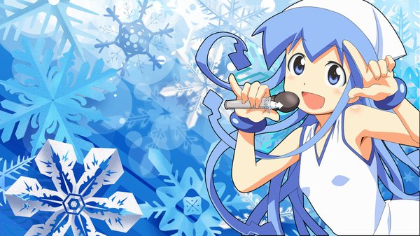 Anime picture 1920x1080 with shinryaku! ika musume ika musume single long hair highres open mouth blue eyes wide image blue hair blue background girl hat bracelet microphone