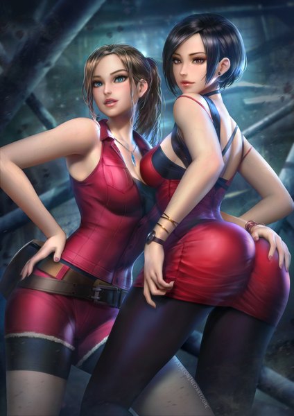 Anime picture 2000x2829 with resident evil ada wong claire redfield nudtawut thongmai tall image looking at viewer blush highres short hair breasts blue eyes light erotic black hair standing multiple girls cleavage ass nail polish parted lips lips