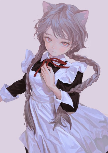 Anime picture 900x1273 with original feiqizi (fkey) fkey single long hair tall image looking at viewer blush fringe simple background standing signed animal ears braid (braids) long sleeves pink eyes grey hair cat ears grey background maid