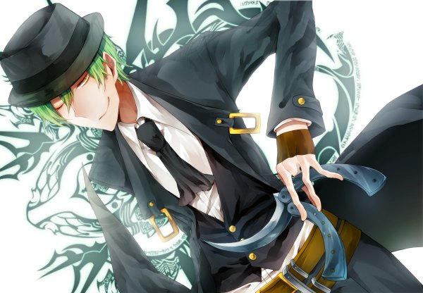 Anime picture 1200x832 with blazblue hazama tanahara chiko single short hair simple background smile white background yellow eyes one eye closed green hair wink boy hat suit knife sign