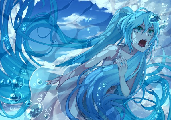 Anime picture 1164x819 with vocaloid hatsune miku irohara mitabi single open mouth twintails cloud (clouds) very long hair aqua eyes aqua hair underwater girl sundress bubble (bubbles)