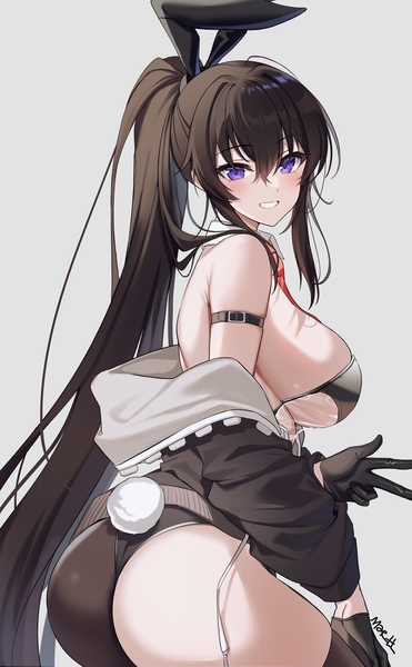 Anime picture 4188x6774 with counter:side yoo mina maett single long hair tall image looking at viewer blush fringe highres breasts light erotic black hair simple background smile hair between eyes large breasts standing purple eyes signed