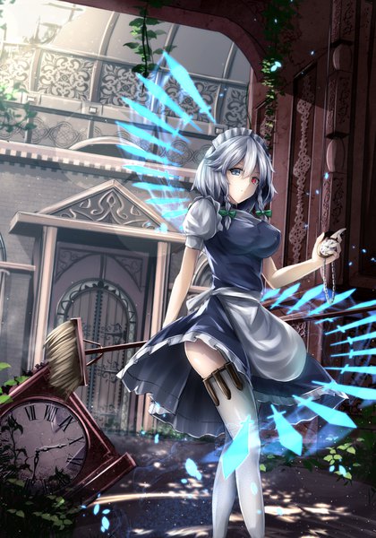 Anime picture 1146x1637 with touhou izayoi sakuya sinkai single tall image looking at viewer fringe short hair breasts smile hair between eyes red eyes large breasts standing holding silver hair braid (braids) sunlight short sleeves maid