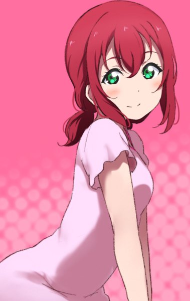 Anime picture 1170x1850 with love live! sunshine!! sunrise (studio) love live! kurosawa ruby icehotmilktea single long hair tall image looking at viewer blush fringe simple background smile hair between eyes twintails green eyes payot red hair short sleeves low twintails