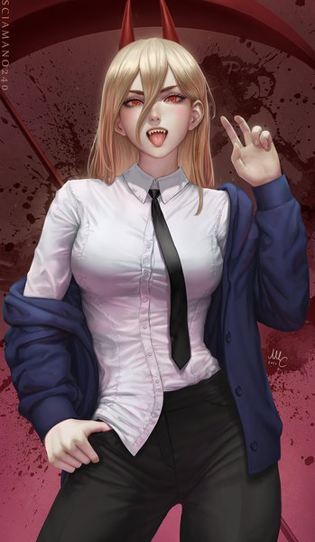 Anime picture 745x1280 with chainsaw man mappa power (chainsaw man) sciamano240 single long hair tall image looking at viewer blush fringe breasts open mouth blonde hair hair between eyes red eyes large breasts standing signed long sleeves arm up