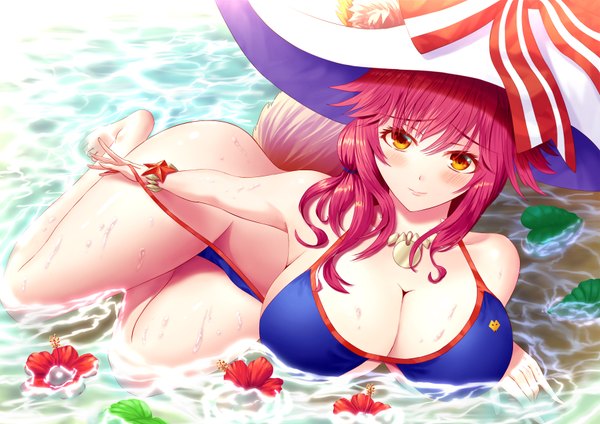 Anime picture 1754x1240 with fate (series) fate/grand order tamamo (fate) (all) tamamo no mae (swimsuit lancer) (fate) fujifuji924 single long hair looking at viewer blush fringe highres breasts light erotic hair between eyes bare shoulders animal ears yellow eyes payot pink hair cleavage