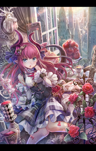 Anime picture 800x1257 with fate (series) fate/extra fate/extra ccc elizabeth bathory (fate) (all) elizabeth bathory (fate) torino aqua single long hair tall image looking at viewer fringe open mouth blue eyes sitting bare shoulders pink hair tail horn (horns) sunlight :o